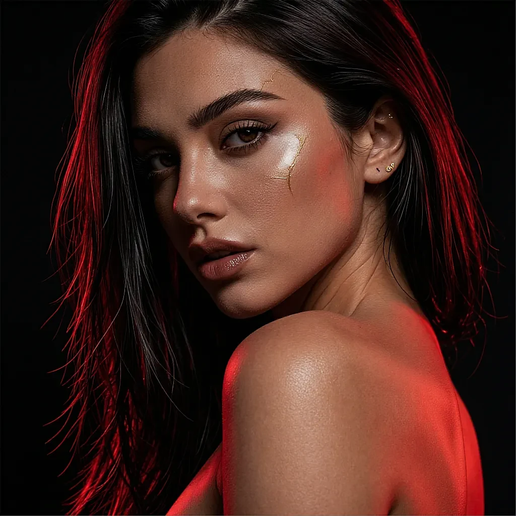 Close-up of a dark-haired woman with red backlight and gold shimmer on her cheek