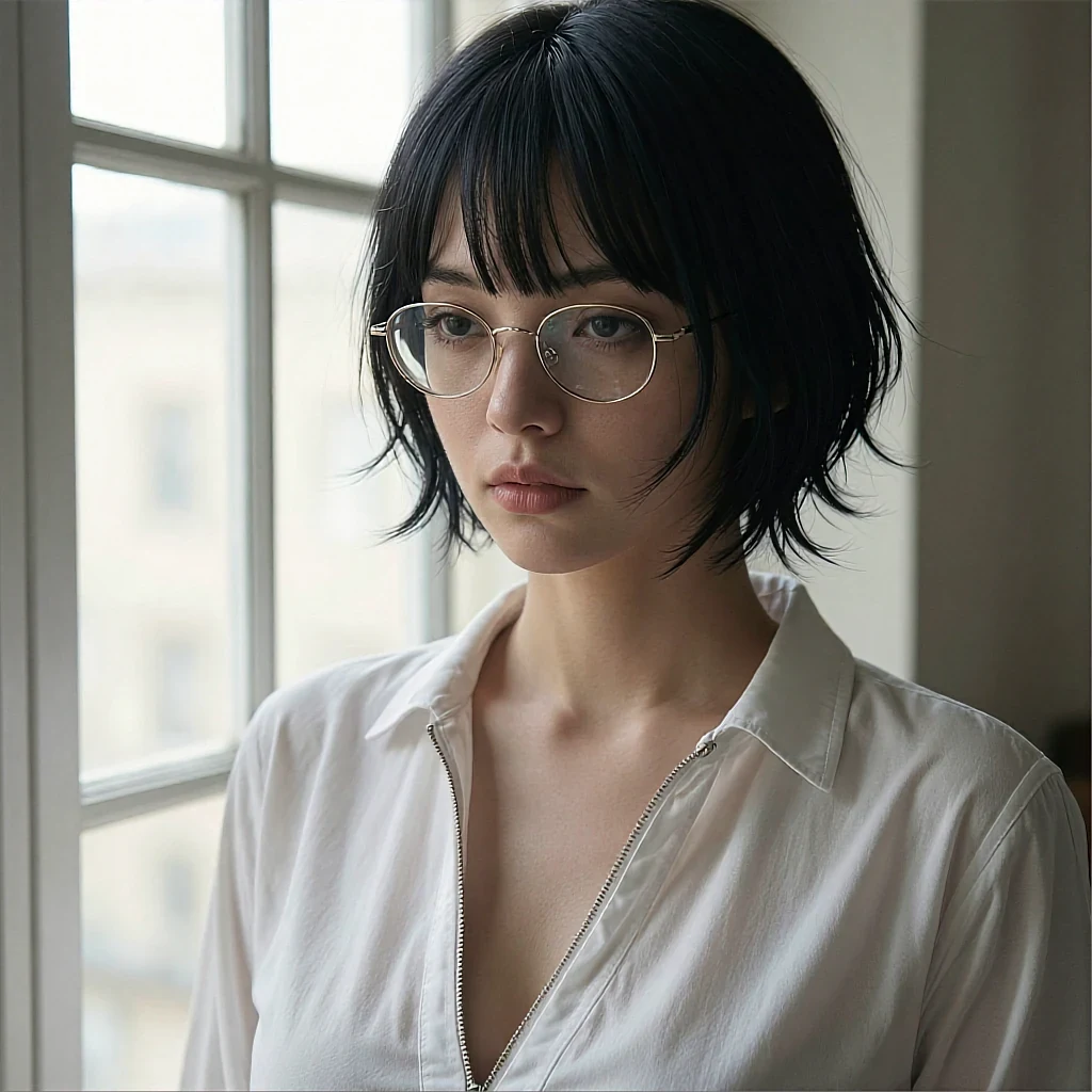 Short black-haired woman with bangs and gold-frame glasses in a white button-down by a window