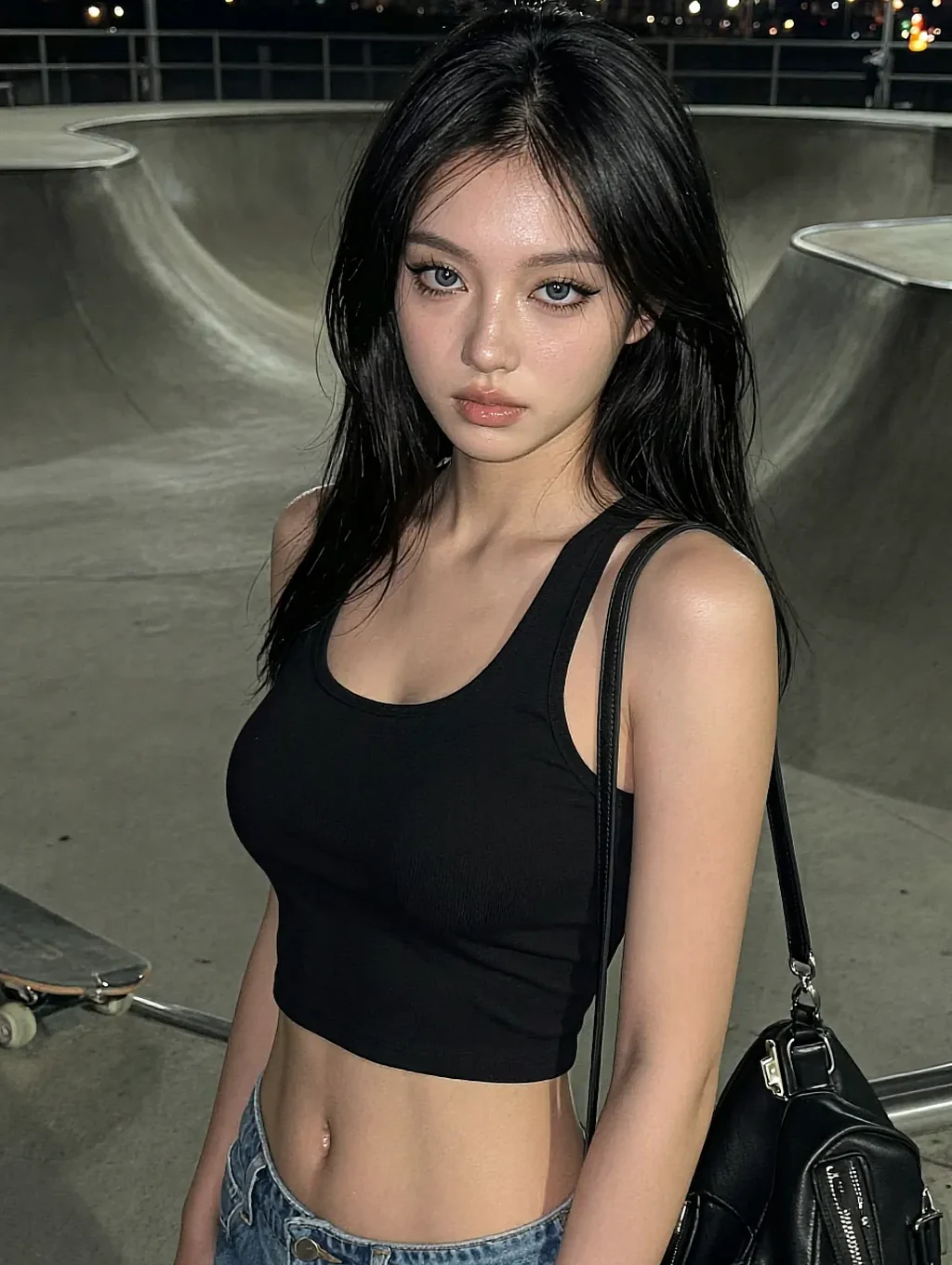 Long black-haired woman in a black crop tank and denim with a leather bag at a nighttime skatepark