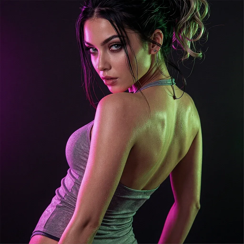 Dark-haired woman with a messy updo looking over her shoulder in a gray halter top under pink and green neon