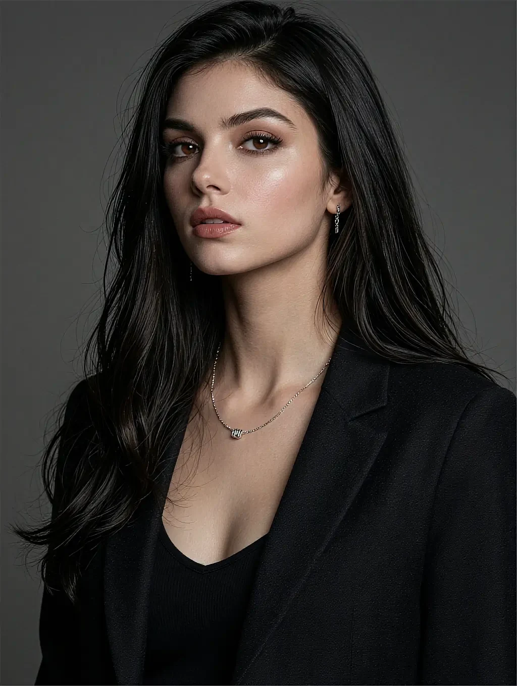 Long black-haired woman in a black blazer and v-neck with a silver chain necklace against a gray studio backdrop