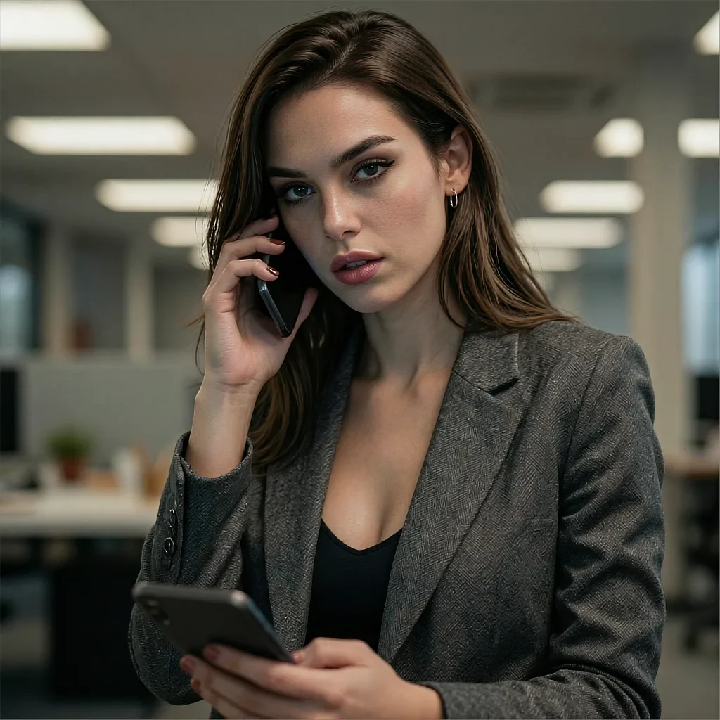 Brown-haired woman on a phone call in a gray herringbone blazer in a modern office