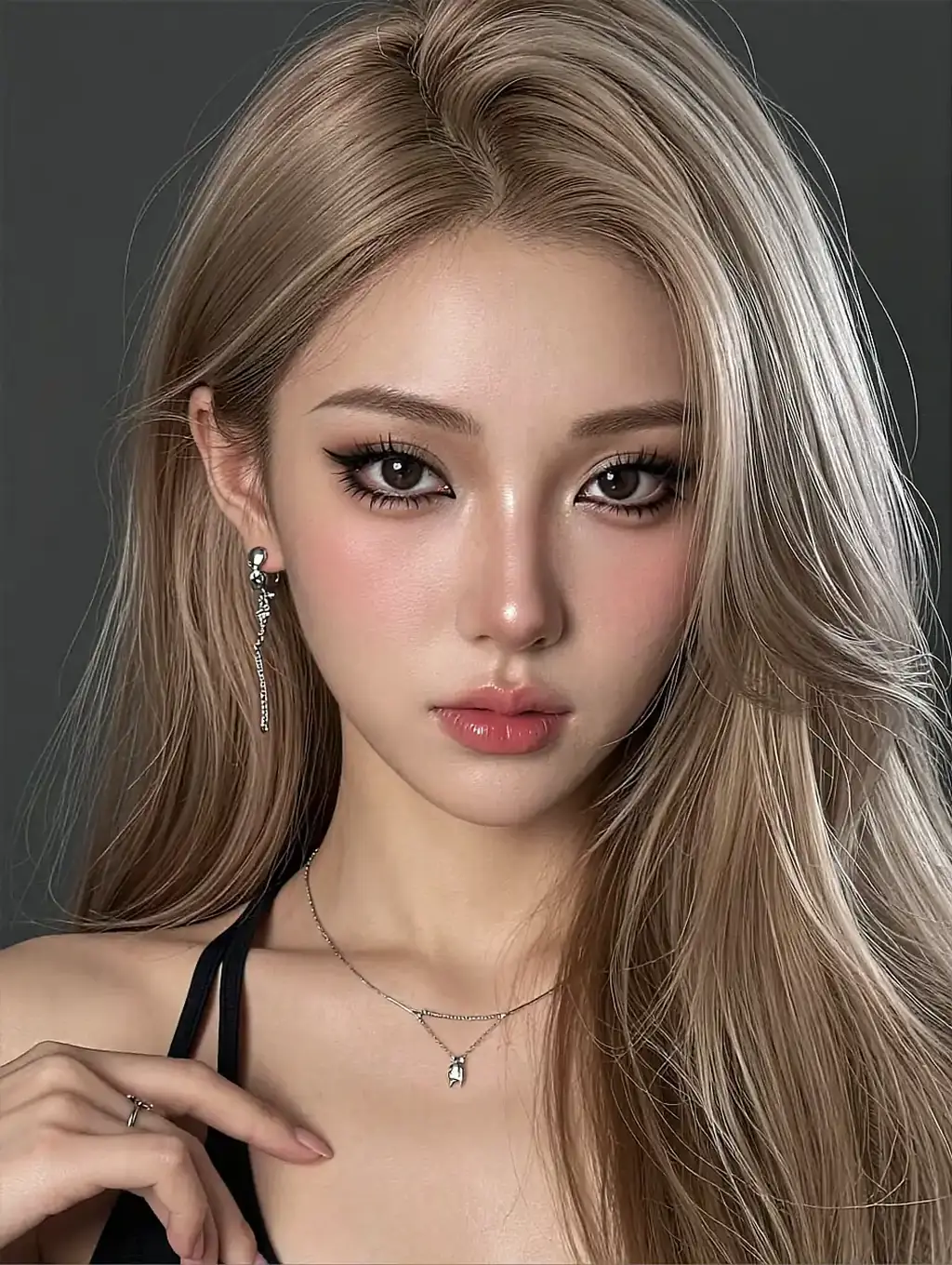 Ash blonde woman with winged eyeliner and a silver dangle earring in a black halter top against a gray backdrop